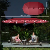 Outsunny 173.2" Double-Sided Sun Umbrella Garden Parasol Patio Sun Shade Outdoor with LED Solar Light, No Base Included, Wine Red(m-3)