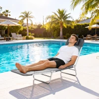 Outsunny Folding Lounge Chair, Portable Tanning Chair with Adjustable Backrest, Pillow for Beach Poolside Patio, Dark Grey(m-8)