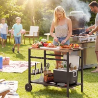 Outsunny Outdoor Grill Cart, 2-Tier Pizza Oven Stand, BBQ Stand with Beverage Holder, Hooks, Wheels, Black and Brown(m-1)