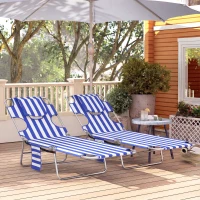 Outsunny 2 Tanning Chairs with Face Hole, 5-Level Adjustable Outdoor Chaise Lounge Chair with Pillow for Beach, Pool, Blue Stripe(m-9)