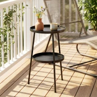 Outsunny Metal Patio Side Table, 2-Tier Round End Table, for Living Room, Bedroom, Garden, Balcony, Black(m-1)