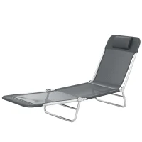 Outsunny Folding Lounge Chair, Portable Tanning Chair with Adjustable Backrest, Pillow for Beach Poolside Patio, Dark Grey(m-2)