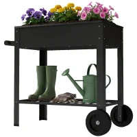 Outsunny Metal Raised Garden Bed, Elevated Planter Box with 2 Wheels, Handle and Shelf, 31.5" Tall Raised Planter(m-2)