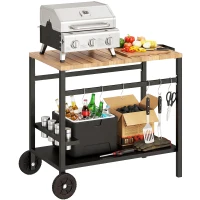 Outsunny Outdoor Grill Cart, 2-Tier Pizza Oven Stand, BBQ Stand with Beverage Holder, Hooks, Wheels, Black and Brown(m-11)