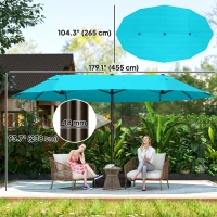 Outsunny 15' Outdoor Patio Umbrella with Twin Canopy Sunshade Steel Table Umbrella w/ Lift Crank, Cross base, Sandbag, Light Blue(m-3)