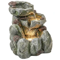 Outsunny Outdoor Fountain with LED Lights Adjustable Flow Cascading Waterfall 3-Tier Rustic Rock Look Grey(m-11)