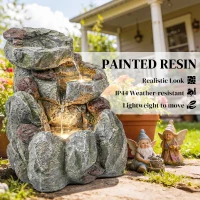 Outsunny Outdoor Fountain with LED Lights Adjustable Flow Cascading Waterfall 3-Tier Rustic Rock Look Grey(m-6)