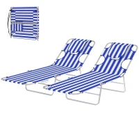 Outsunny 2 Tanning Chairs with Face Hole, 5-Level Adjustable Outdoor Chaise Lounge Chair with Pillow for Beach, Pool, Blue Stripe(m-1)