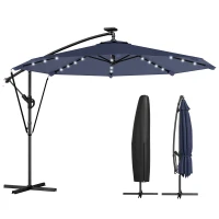 Outsunny 9.7ft Solar LED Cantilever Patio Umbrella with 32 LED Lights, Cross Base, Crank Handle, for Poolside, Deck, Dark Blue(m-2)