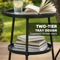 Outsunny Metal Patio Side Table, 2-Tier Round End Table, for Living Room, Bedroom, Garden, Balcony, Black(m-4)
