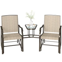 Outsunny Double Patio Glider Chair with Glass Top Center Table, Outdoor Glider Loveseat with High Back,  All Weather Breathable Mesh Fabric for Garden, Backyard, Deck, Light Brown(m-2)