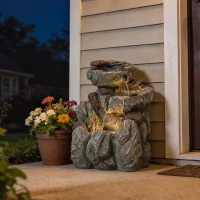 Outsunny Outdoor Fountain with LED Lights Adjustable Flow Cascading Waterfall 3-Tier Rustic Rock Look Grey(m-10)