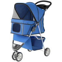 PawHut 3 Wheels Foldable Dog Stroller with Storage Basket, Adjustable Canopy, Cupholder for Miniature and Small Dogs, Blue(m-2)