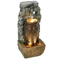 Outsunny Outdoor Water Fountain Adjustable Water Flow Garden Fountain with LED Lights Rustic Urn Design(m-11)