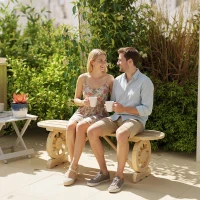 Outsunny 2-Person Outdoor Bench, Wood Garden Bench with Wagon Wheel Legs, Slatted Seat for Patio, Park, Backyard, Natural Wood(m-1)