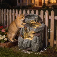Outsunny Outdoor Fountain with LED Lights Adjustable Flow Cascading Waterfall 3-Tier Rustic Rock Look Grey(m-3)
