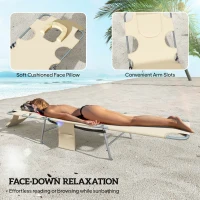 Outsunny 2 Tanning Chairs with Face Hole, 5-Level Adjustable Outdoor Chaise Lounge Chair with Pillow for Beach, Pool, Beige(m-5)