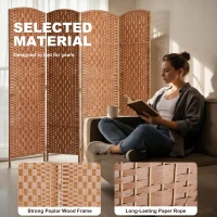 HOMCOM Room Divider 4 Panel, 6FT Tall Folding Privacy Screen, Freestanding Hand-Woven Partition for Room Separation with 360° Hinges, Paper Rope Diamond Weave, Natural(m-6)