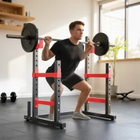 Soozier Adjustable Squat Rack, 660lbs Multi-Functional Bench Press Rack for Weight Lifting Home Gym Strength Training, Red(m-2)