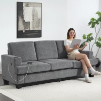 HOMCOM 3 Seater Sofa with USB Ports & Cup Holders, Chenille-Feel Upholstered Couch for Living Room, Grey(m-1)