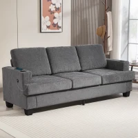 HOMCOM 3 Seater Sofa with USB Ports & Cup Holders, Chenille-Feel Upholstered Couch for Living Room, Grey(m-8)