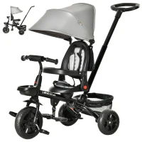 Qaba Tricycle for Toddler 4 in 1 Kids Trike with Reversible Adjustable Seat, Baby Push Bike with Removable Handle, Curved Canopy, Belt Storage Brake Clutch for 1-5 Years, Grey(m-11)