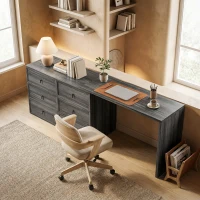 HOMCOM L Shaped Computer Desk Home Office Desk with 6 Drawers Black Wood Grain(m-8)