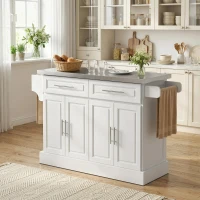 HOMCOM Rolling Kitchen Island Cart with 47" Stainless Steel Top, Portable Island Table for Kitchen with Wheels, Adjustable Shelves, 2 Drawers, Spice, Knife and Towel Rack, White(m-10)