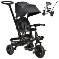 Qaba Tricycle for Toddler 4 in 1 Kids Trike with Reversible Adjustable Seat, Baby Push Bike with Removable Handle, Curved Canopy, Belt Storage Brake Clutch for 1-5 Years, Black(m-2)