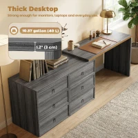 HOMCOM L Shaped Computer Desk Home Office Desk with 6 Drawers Black Wood Grain(m-6)