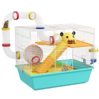 PawHut 3 Tiers Hamster Cage for Gerbil, Dwarf Hamster with Tunnels, Water Bottle, Exercise Wheel, 18" x 11" x 15" - Light Blue(m-11)