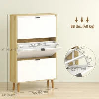 HOMCOM Narrow Shoe Cabinet, High Gloss Shoe Storage Cabinet with 3 Flip Drawers and Adjustable Shelves, Holds 24 Pairs, White(m-3)