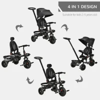 Qaba Tricycle for Toddler 4 in 1 Kids Trike with Reversible Adjustable Seat, Baby Push Bike with Removable Handle, Curved Canopy, Belt Storage Brake Clutch for 1-5 Years, Black(m-4)