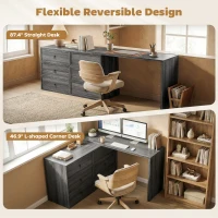 HOMCOM L Shaped Computer Desk Home Office Desk with 6 Drawers Black Wood Grain(m-4)