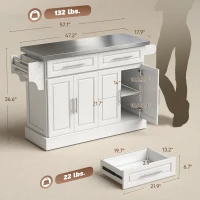 HOMCOM Rolling Kitchen Island Cart with 47" Stainless Steel Top, Portable Island Table for Kitchen with Wheels, Adjustable Shelves, 2 Drawers, Spice, Knife and Towel Rack, White(m-3)