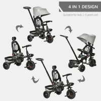 Qaba Tricycle for Toddler 4 in 1 Kids Trike with Reversible Adjustable Seat, Baby Push Bike with Removable Handle, Curved Canopy, Belt Storage Brake Clutch for 1-5 Years, Grey(m-4)