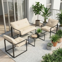 Outsunny 4 Piece Outdoor Furniture Set, Patio Conversation Set with Tempered Glass Table, Loveseat, 2 Chairs and Cushions, Beige