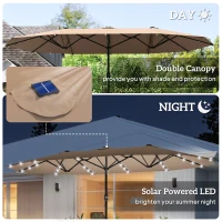 Outsunny 174" Double-Sided Sun Umbrella Garden Parasol Patio Sun Shade Outdoor with LED Solar Light, Khaki(m-4)