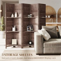 HOMCOM 5 Panel 67" Tall Wood Privacy Screen Room Divider with 3 Shelves and Folding Storage for Bedroom, Walnut(m-4)
