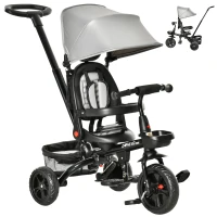 Qaba Tricycle for Toddler 4 in 1 Kids Trike with Reversible Adjustable Seat, Baby Push Bike with Removable Handle, Curved Canopy, Belt Storage Brake Clutch for 1-5 Years, Grey(m-2)