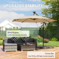 Outsunny 9.7ft Solar LED Cantilever Patio Umbrella with 32 LED Lights, Cross Base, Crank Handle, for Poolside, Deck, Khaki(m-6)