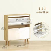 HOMCOM Narrow Shoe Cabinet, High Gloss Shoe Storage Cabinet with 2 Flip Drawers and Adjustable Shelves, Holds 16 Pairs, White(m-3)