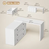 HOMCOM L Shaped Computer Desk Home Office Desk with 6 Drawers White Wood Grain(m-3)