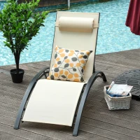 Outsunny Patio Lounge Chair, Aluminum Reclining Outdoor Tanning Chair with 5-Level Adjustable Backrest, Head Pillow and Breathable Mesh Fabric, for Pool, Deck, Garden, Beige(m-12)