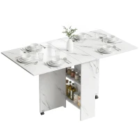 HOMCOM Extendable Dining Table, Collapsible Folding Table with 2-tier Shelves and Rolling Casters, Marble White(m-2)