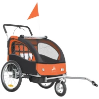 Aosom 2-in-1 Bike Trailer for Kids, Foldable 2-Seat Baby Stroller with 5-Point Harness, Rubber Wheels, Storage Bag, Orange(m-11)