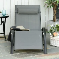 Outsunny Patio Lounge Chair, Aluminum Reclining Outdoor Tanning Chair with 5-Level Adjustable Backrest, Head Pillow and Breathable Mesh Fabric, for Pool, Deck, Garden, Grey(m-7)