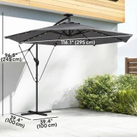 Outsunny 9.7ft Solar LED Cantilever Patio Umbrella with 32 LED Lights, Cross Base, Crank Handle, for Poolside, Deck, Dark Grey(m-3)