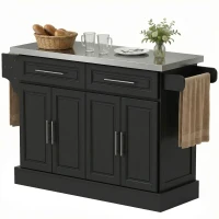 HOMCOM Rolling Kitchen Island Cart with 47" Stainless Steel Top, Portable Island Table for Kitchen with Wheels, Adjustable Shelves, 2 Drawers, Spice, Knife and Towel Rack, Black(m-10)