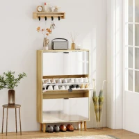 HOMCOM Narrow Shoe Cabinet, High Gloss Shoe Storage Cabinet with 3 Flip Drawers and Adjustable Shelves, Holds 24 Pairs, White(m-1)